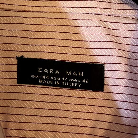 Zara Man US 17 Dress Shirt Mens Button Down Long Sleeve Collar Pink Red Stripe - Picture 3 of 13